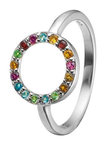 Christina Collect Word-mål i sterling sølv Vakker ring med sirkel besatt med 17 forskjellige ekte steiner, ringstørrelser fra 49-61